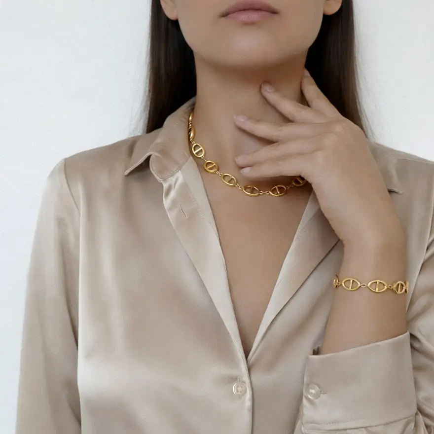 Ensemble Maille Marine – Collier et Bracelet en Acier Inoxydable Doré – Image 2