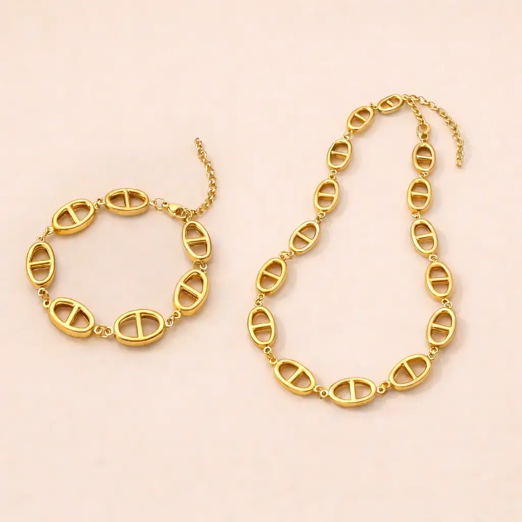 Ensemble Maille Marine – Collier et Bracelet en Acier Inoxydable Doré