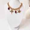 Charm Necklace Gold | Ruby Beaded Starfish Manta Ray Statement Pendant Necklace, Gemstone Charm Necklace, Nautical Gold Chain Charm Necklace